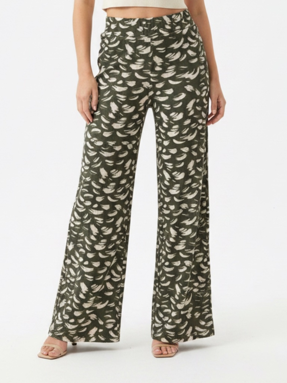 Entro Paint Stroke Print Wide Leg Pants Olive Cream Boho
